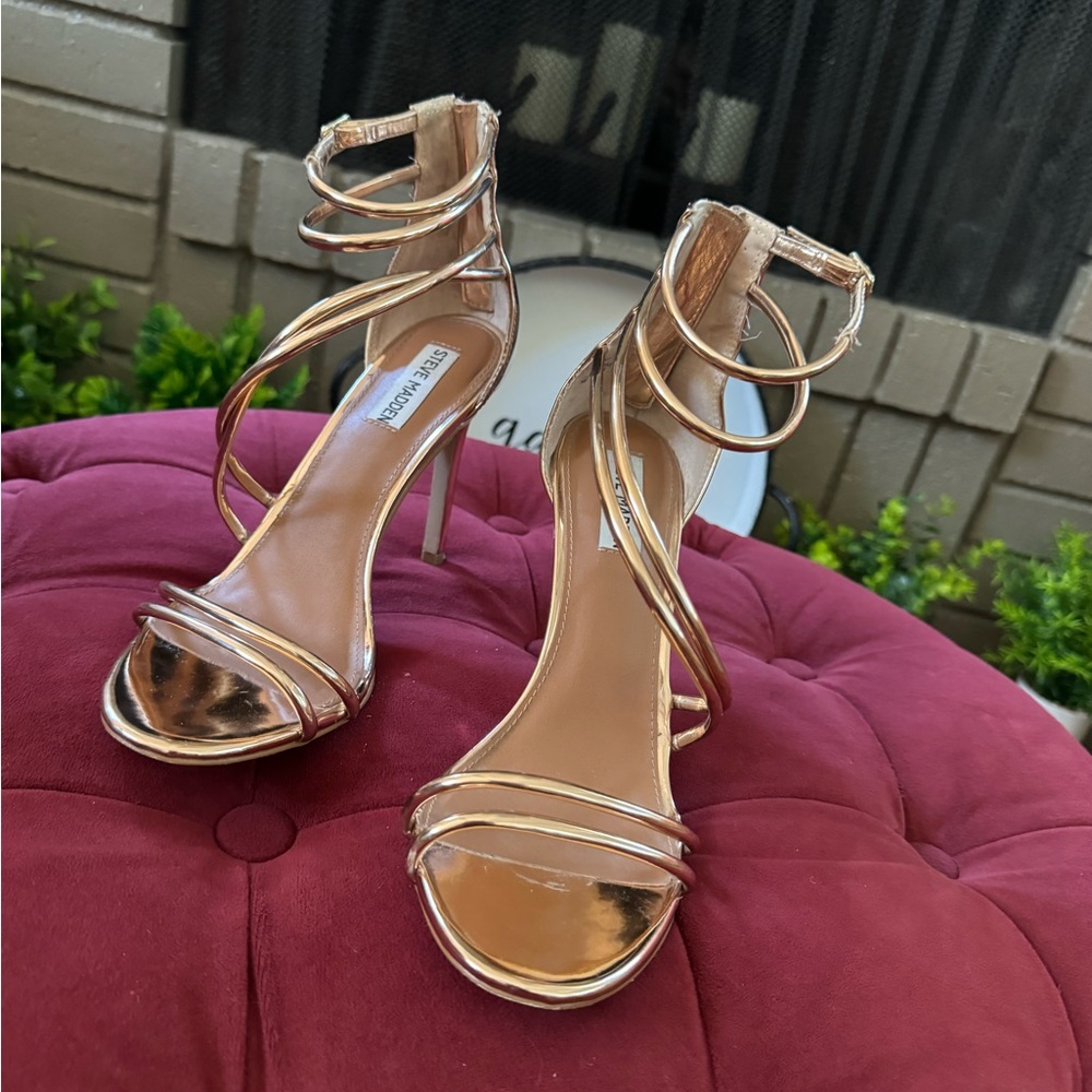 Rose Gold Steve Madden strappy stiletto heels. Size 8.5